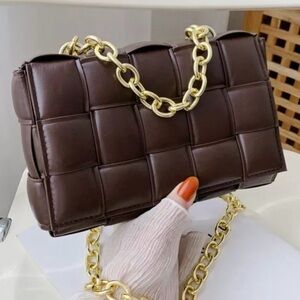 Brown Woven Handbag with Gold Chain
